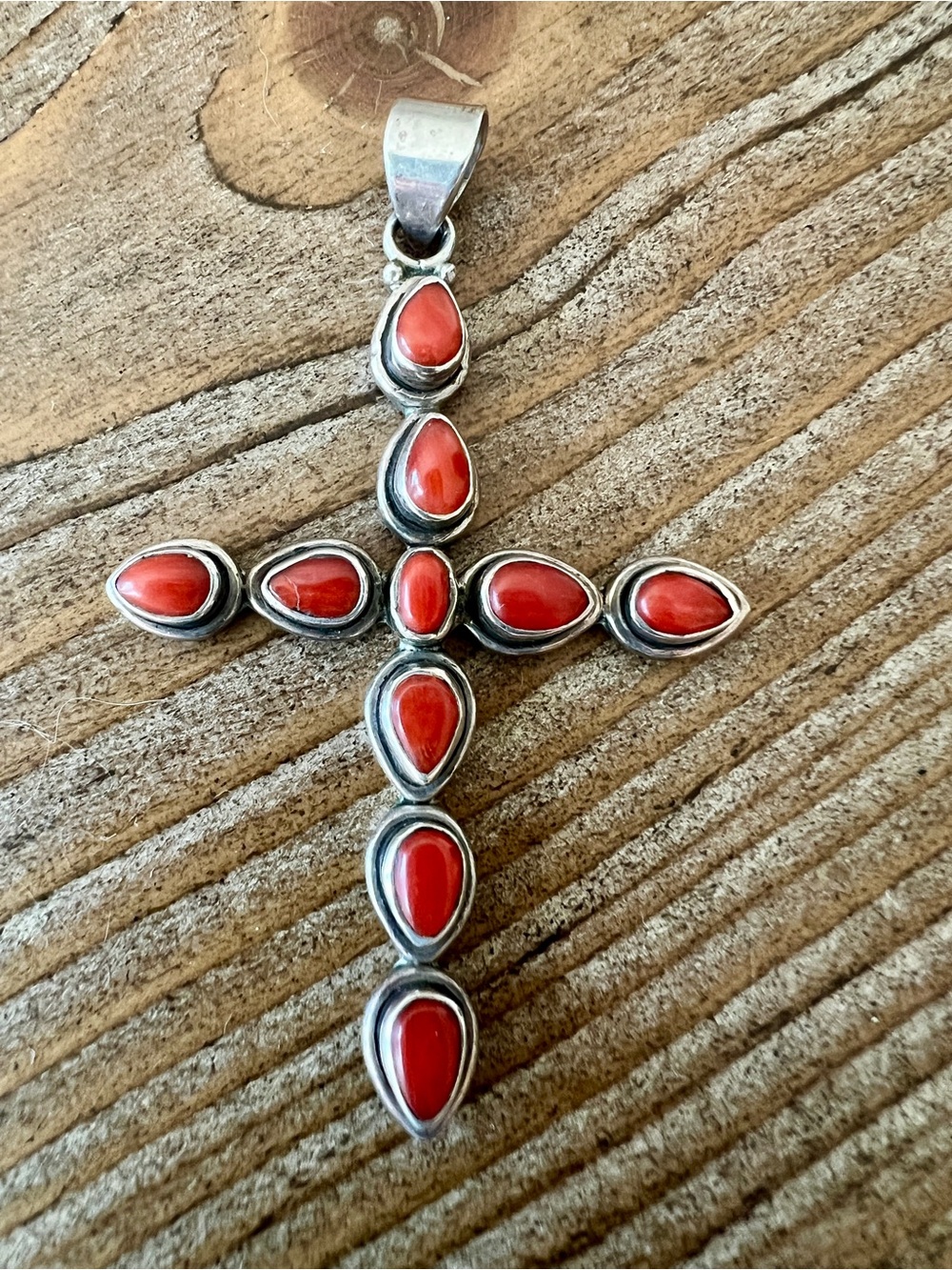 Beautiful Vintage Sterling Silver & Red Coral Cross Pendant